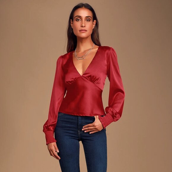 Lulus Head Held High Red Satin Long Sleeve Blouse Top | Size Small NWT - Picture 3 of 16